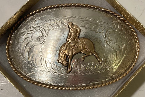 Vintage Metal Belt Buckle, Sterling Silver and Brass, Cowboy On A Horse, Irvine & Jachens Inc, Nice Western Style Design