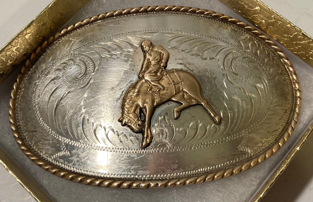 Vintage Metal Belt Buckle, Sterling Silver and Brass, Cowboy On A Horse, Irvine & Jachens Inc, Nice Western Style Design