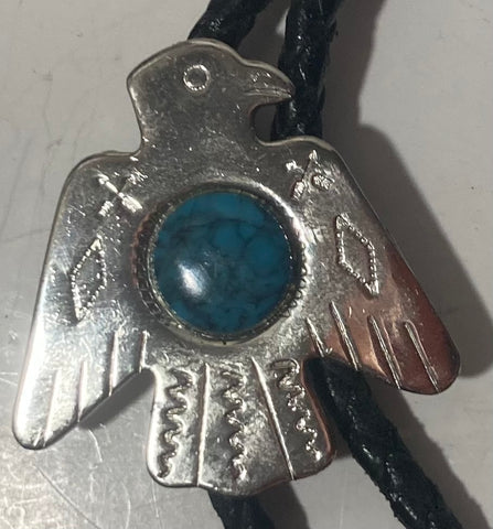 Vintage Metal Bolo Tie, Nice Silver Eagle With Blue Turquoise Stone Design, 1 1/2" x 1 1/2", Quality, Heavy Duty, Made in USA, Country & Western, Cowboy, Western Wear, Horse, Apparel, Accessory, Tie, Nice Quality Fashion