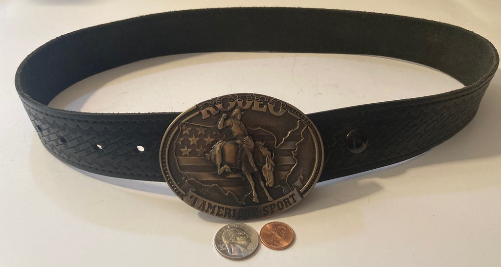 Vintage Belt Buckle with Nice Leather Heavy Duty Belt, Montana Silversmiths, Rodeo Number 1 American Sport, Size 32 to 35, Country and Western, Western Attire, Hand Tooled, Nice Heavy Duty Quality Feel
