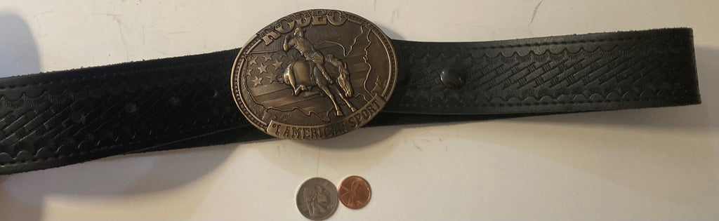 Vintage Belt Buckle with Nice Leather Heavy Duty Belt, Montana Silversmiths, Rodeo Number 1 American Sport, Size 32 to 35, Country and Western, Western Attire, Hand Tooled, Nice Heavy Duty Quality Feel