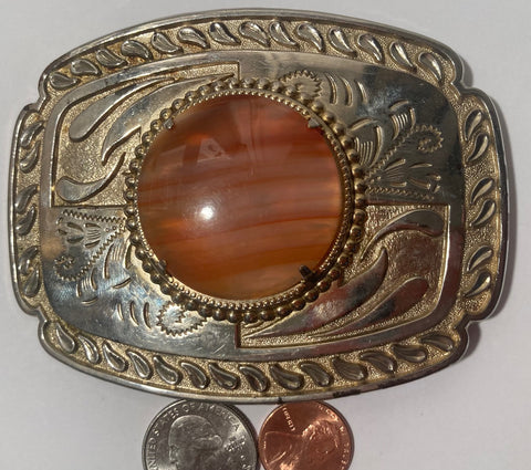 Vintage Metal Belt Buckle, Nice Orange Striped Stone Design, Nice Design, 4" x 3", Heavy Duty, Quality, Made in USA, Thick Metal, Rodeo, For Belts, Fashion, Shelf Display, Western Wear, Southwest, Country, Fun, Nice