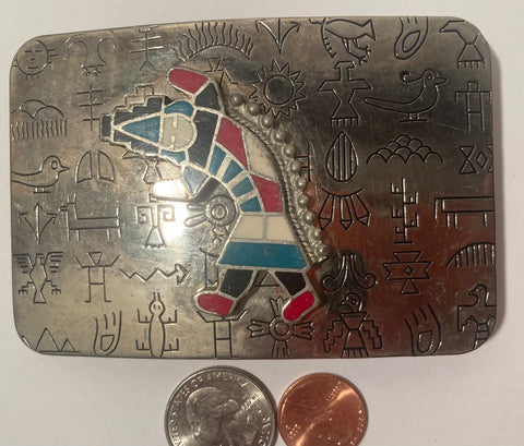 Vintage Metal Belt Buckle, Colorful, Man, Native Design, Nice Design, 4" x 2 1/2", Heavy Duty, Quality, Thick Metal, Made in USA, Rodeo, For Belts, Fashion, Shelf Display, Western Wear, Southwest, Country, Fun, Nice