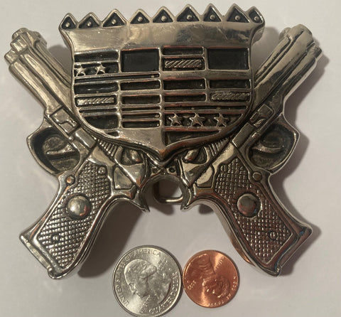 Vintage Metal Belt Buckle, Cadillac Log, Pistols, Nice Design, 4 1/2" x 3 1/2", Heavy Duty, Quality, Thick Metal, Made in USA, Rodeo, For Belts, Fashion, Shelf Display, Western Wear, Southwest, Country, Fun, Nice