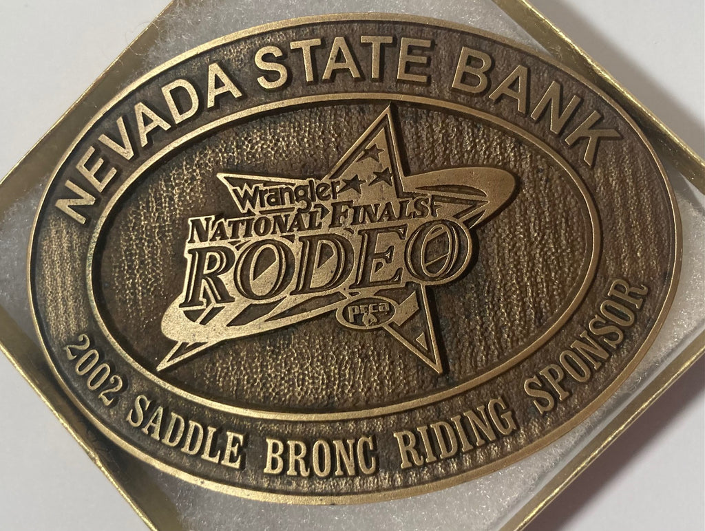 Vintage Metal Belt Buckle, Wrangler National Finals Rodeo, Nevada State Bank, Nice Design, 4" x 3 1/4", Heavy Duty, Quality, Thick Metal, Made in USA, Rodeo, For Belts, Fashion, Shelf Display, Western Wear, Southwest, Country, Fun, Nice,