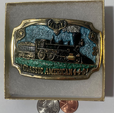 Vintage 1983 Metal Belt Buckle, Train, Railroad, Steam Engine, Classic American, Nice Design, 3 1/2" x 2 1/4", Heavy Duty, Quality, Made in USA, Thick Metal, Rodeo, For Belts, Fashion, Shelf Display, Western Wear, Southwest, Country, Fun, Nice