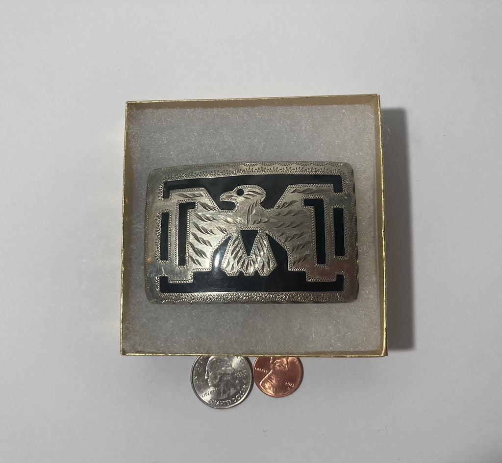 Vintage Metal Belt Buckle, Silver and Black, Native Design, Eagle, Bird, Nice Design, 3" x 2", Heavy Duty, Quality, Thick Metal, Made in USA, Rodeo, For Belts, Fashion, Shelf Display, Western Wear, Southwest, Country, Fun, Nice
