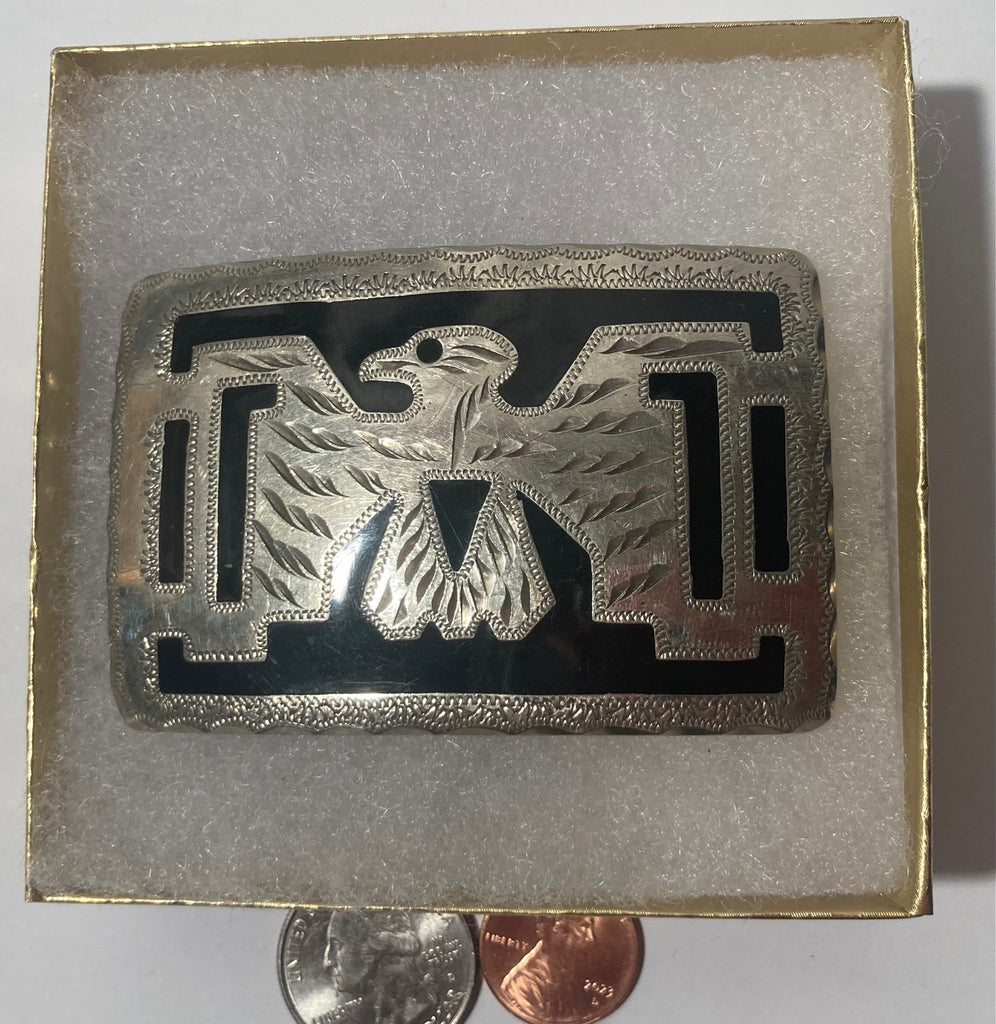 Vintage Metal Belt Buckle, Silver and Black, Native Design, Eagle, Bird, Nice Design, 3" x 2", Heavy Duty, Quality, Thick Metal, Made in USA, Rodeo, For Belts, Fashion, Shelf Display, Western Wear, Southwest, Country, Fun, Nice