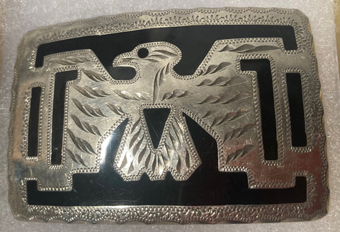 Vintage Metal Belt Buckle, Silver and Black, Native Design, Eagle, Bird, Nice Design, 3" x 2", Heavy Duty, Quality, Thick Metal, Made in USA, Rodeo, For Belts, Fashion, Shelf Display, Western Wear, Southwest, Country, Fun, Nice