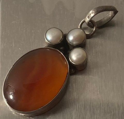 Vintage Sterling Silver Charm, Pendant, 3 Pearls with Nice Orange Stone Design, Quality, 2" x 3/4", Jewelry, 0589, Accessory, 925, Clothing, Necklace, Charm, Bracelet