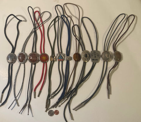 Vintage Lot of 12 Metal Bolo Ties, Stones, Eagle, Thunderbird, More, Nice Designs, Quality