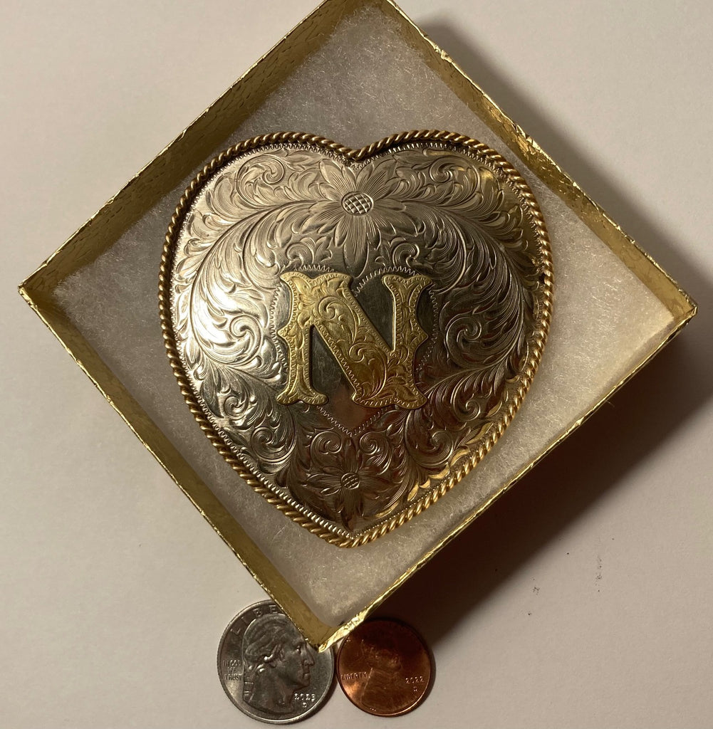 Vintage Metal Belt Buckle, Silver and Brass, Montana Silversmiths, Nice Heart Design, Letter N, Initial N, Nice Western Design, 3 1/4" x 3", Quality, Made in USA, Country and Western, Heavy Duty, Fashion, Belts, Shelf Display, Collectible Belt Buckle