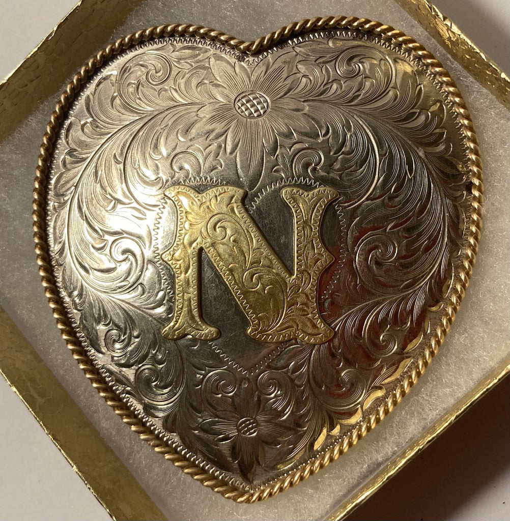 Vintage Metal Belt Buckle, Silver and Brass, Montana Silversmiths, Nice Heart Design, Letter N, Initial N, Nice Western Design, 3 1/4" x 3", Quality, Made in USA, Country and Western, Heavy Duty, Fashion, Belts, Shelf Display, Collectible Belt Buckle