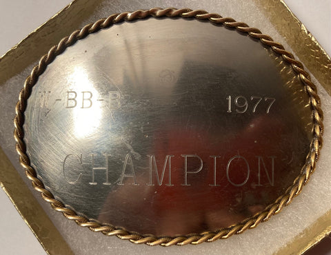 Vintage Metal Belt Buckle, Silver and Brass, 1977 Champion, W-BB-B, Nice Western Design, 3 1/2" x 2 1/2", Quality, Made in USA, Country and Western, Heavy Duty, Fashion, Belts, Shelf Display, Collectible Belt Buckle