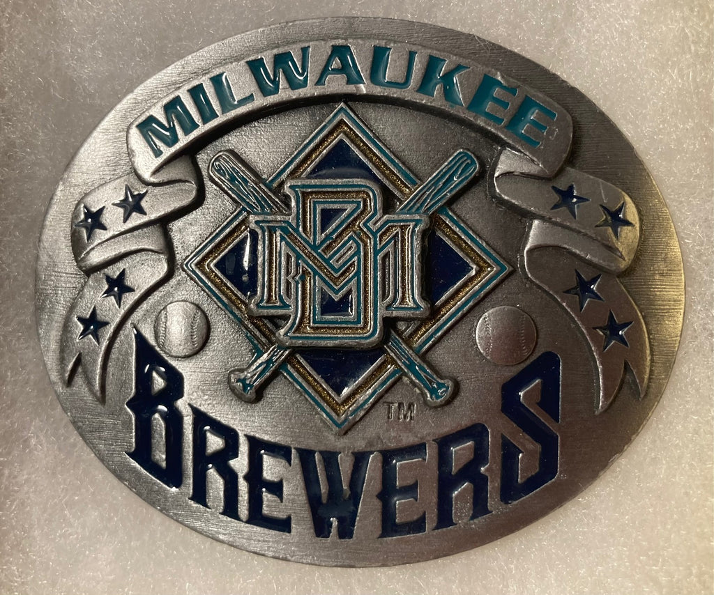 Vintage 1994 Metal Belt Buckle, Milwaukee Brewers, Baseball, MLB, Sports, Major League, Nice Western Design, 3" x 2 1/2", Quality, Made in USA, Country and Western, Heavy Duty, Fashion, Belts, Shelf Display, Collectible Belt Buckle