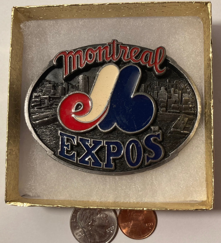 Vintage 1989 Metal Belt Buckle, Montreal Expos, Baseball, MLB, Sports, Major League, Nice Western Design, 3 1/4" x 2 1/2", Quality, Made in USA, Country and Western, Heavy Duty, Fashion, Belts, Shelf Display, Collectible Belt Buckle