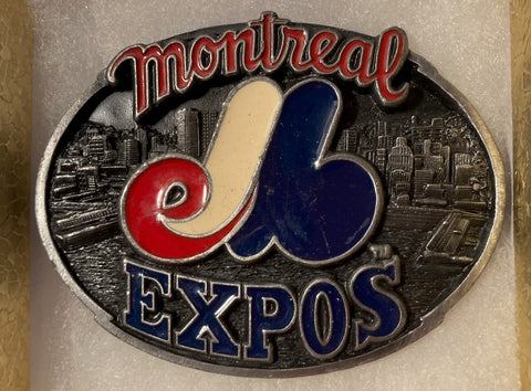 Vintage 1989 Metal Belt Buckle, Montreal Expos, Baseball, MLB, Sports, Major League, Nice Western Design, 3 1/4" x 2 1/2", Quality, Made in USA, Country and Western, Heavy Duty, Fashion, Belts, Shelf Display, Collectible Belt Buckle