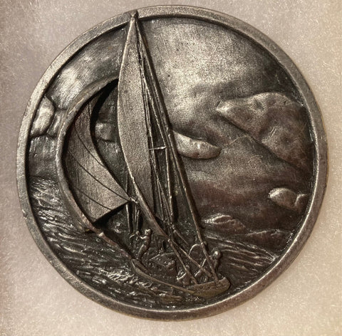 Vintage 1977 Metal Belt Buckle, Sailboat, Boating, Water, Ocean, Nature, Boat, Nice Western Design, 2 3/4" x 2 3/4", Quality, Made in USA, Country and Western, Heavy Duty, Fashion, Belts, Shelf Display, Collectible Belt Buckle