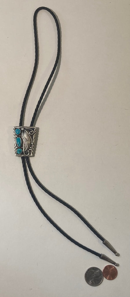 Vintage Metal Bolo Tie, Nice Silver and 3 Blue Turquoise Stones Design, Nice Western