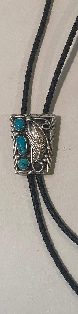 Vintage Metal Bolo Tie, Nice Silver and 3 Blue Turquoise Stones Design, Nice Western