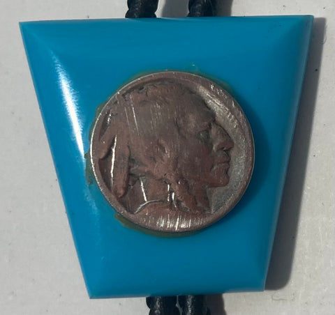 Vintage Metal Bolo Tie, Nice Old Coin Nickel Design On Blue Base, Nice Design, 1 1/2" x 1 1/2", Quality, Heavy Duty, Made in USA, Country & Western, Cowboy, Western Wear, Horse, Apparel, Accessory, Tie, Nice Quality Fashion