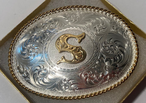 Vintage Metal Belt Buckle, Silver and Brass, Letter S, Initial S, Montana Silversmiths,