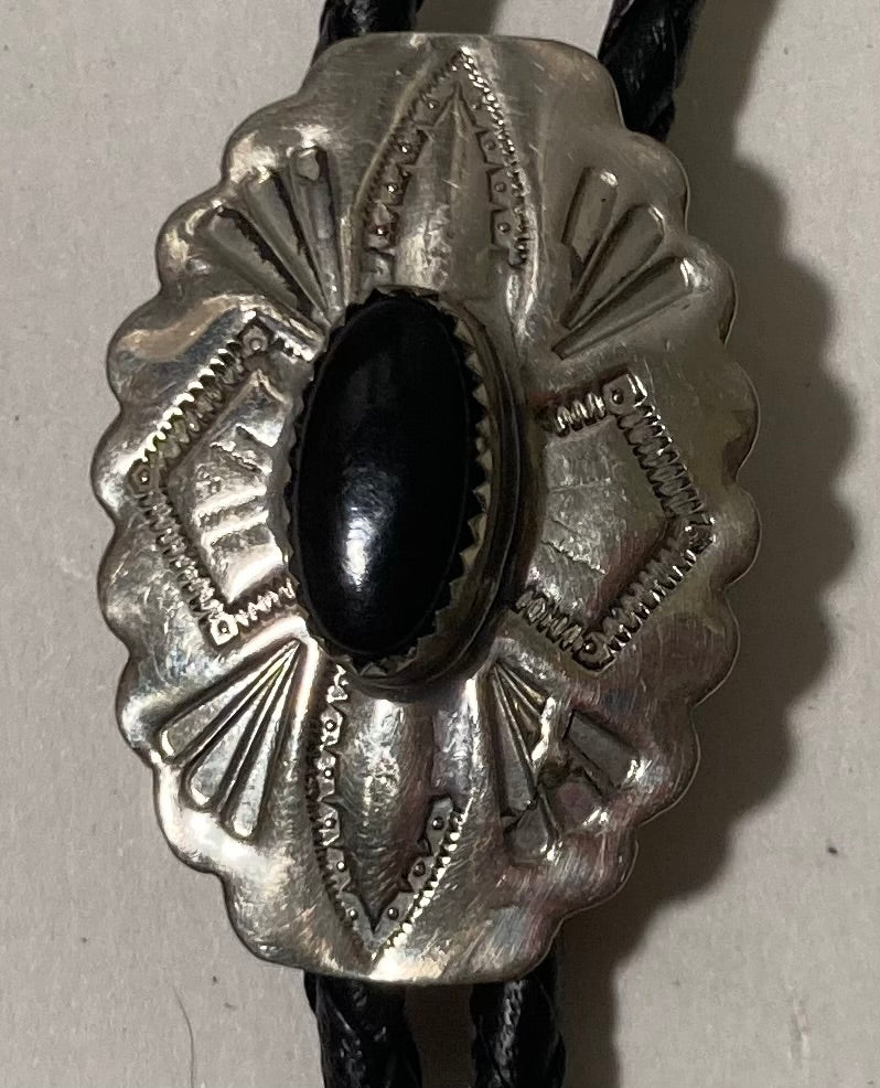 Vintage Metal Bolo Tie, Nice Silver and Black Onyx Stone Design, Nice Western Design