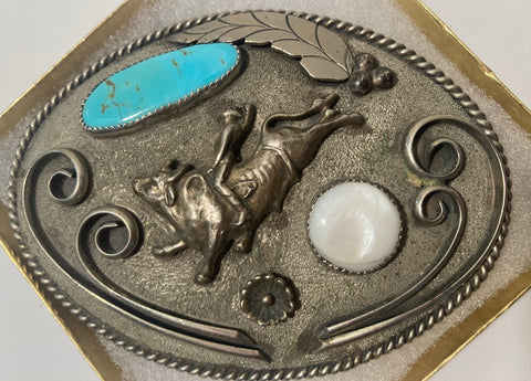 Vintage Metal Belt Buckle, Silver and Blue Turquoise Stone, Mother of Pearl,