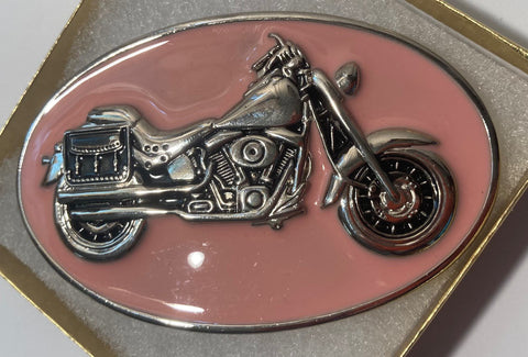 Vintage Metal Belt Buckle, Motorcycle, Fatboy, Biker, Pink Enamel, Nice Western Design, 3 3/4" x 2 1/2", Heavy Duty, Quality, Thick Metal, For Belts, Fashion, Shelf Display, Western Wear, Cowboy, Rodeo, Southwest, Country, Fun, Nice