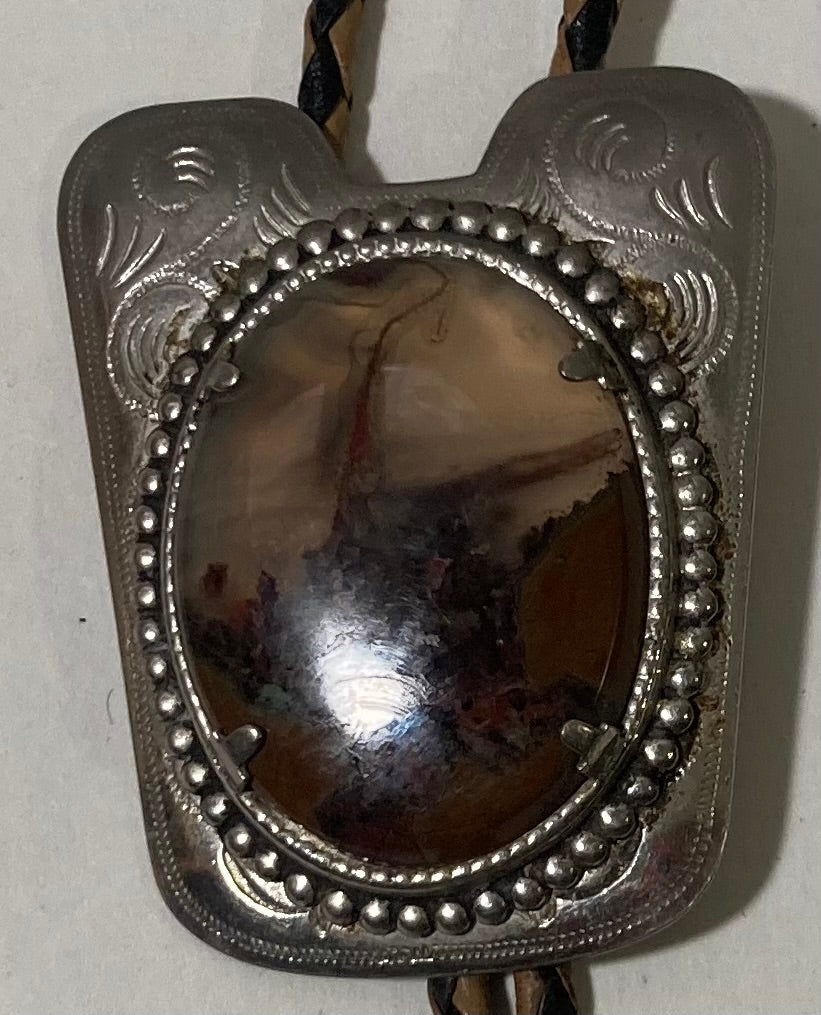 Vintage Metal Bolo Tie, Nice Silver with Brown and White Stone Design, Nice Western Design