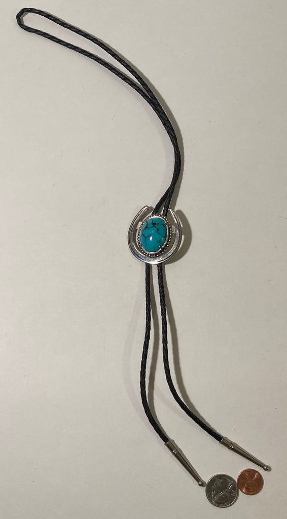 Vintage Metal Bolo Tie, Really Nice Silver and Blue Turquoise Stone, Horseshoe, Nice Western Design