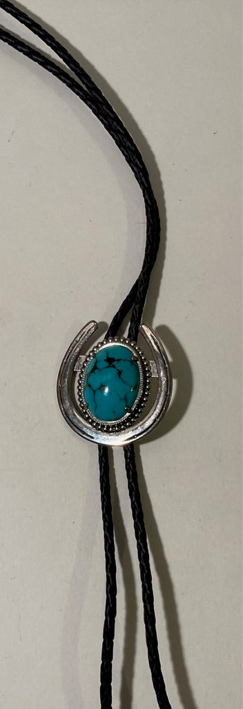 Vintage Metal Bolo Tie, Really Nice Silver and Blue Turquoise Stone, Horseshoe, Nice Western Design