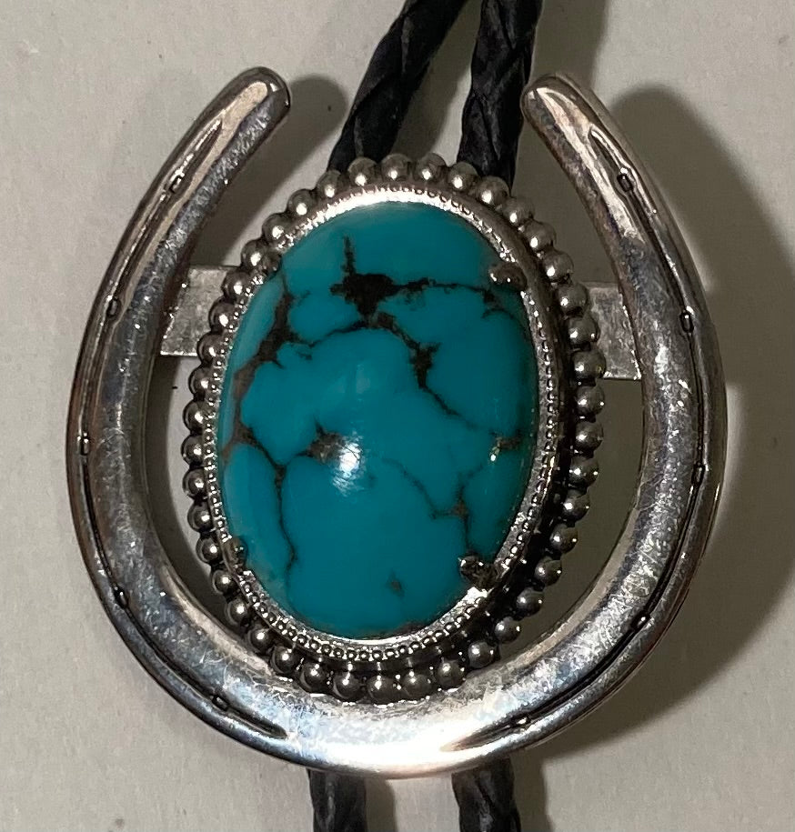Vintage Metal Bolo Tie, Really Nice Silver and Blue Turquoise Stone, Horseshoe, Nice Western Design