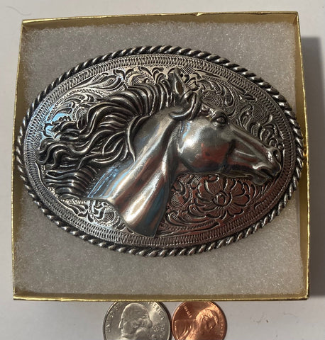 Vintage Metal Belt Buckle, Nocona, Nice Horse Design, Nice Western Design, 3 3/4" x 2 3/4", Heavy Duty, Quality, Thick Metal, For Belts, Fashion, Shelf Display, Western Wear, Cowboy, Rodeo, Southwest, Country, Fun, Nice,