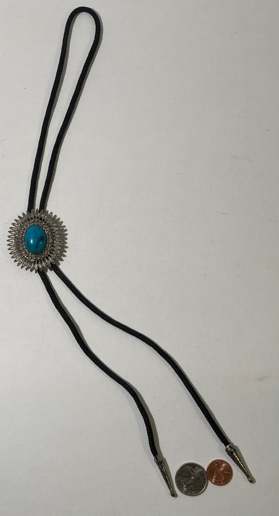 Vintage Metal Bolo Tie, Nice Silver and Blue Turquoise Stone Design, Spiky Design