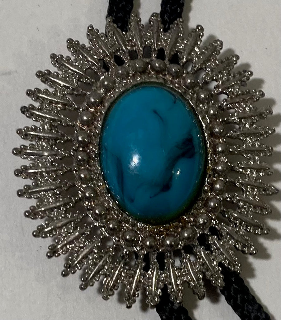 Vintage Metal Bolo Tie, Nice Silver and Blue Turquoise Stone Design, Spiky Design