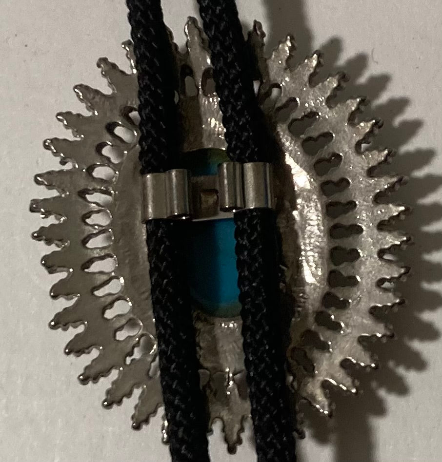 Vintage Metal Bolo Tie, Nice Silver and Blue Turquoise Stone Design, Spiky Design