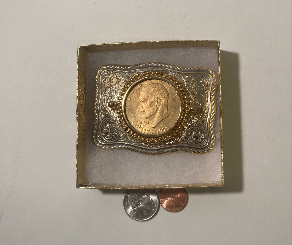 Vintage 1976 Metal Belt Buckle, Silver Dollar Coin, Money, Nice Western Design