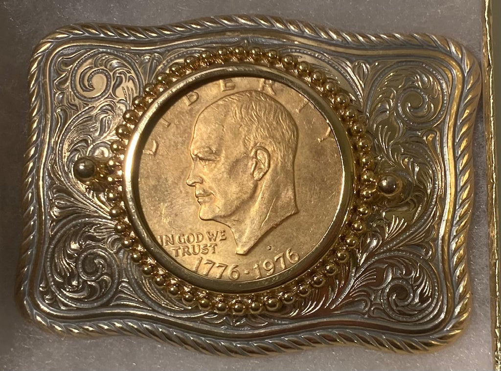 Vintage 1976 Metal Belt Buckle, Silver Dollar Coin, Money, Nice Western Design