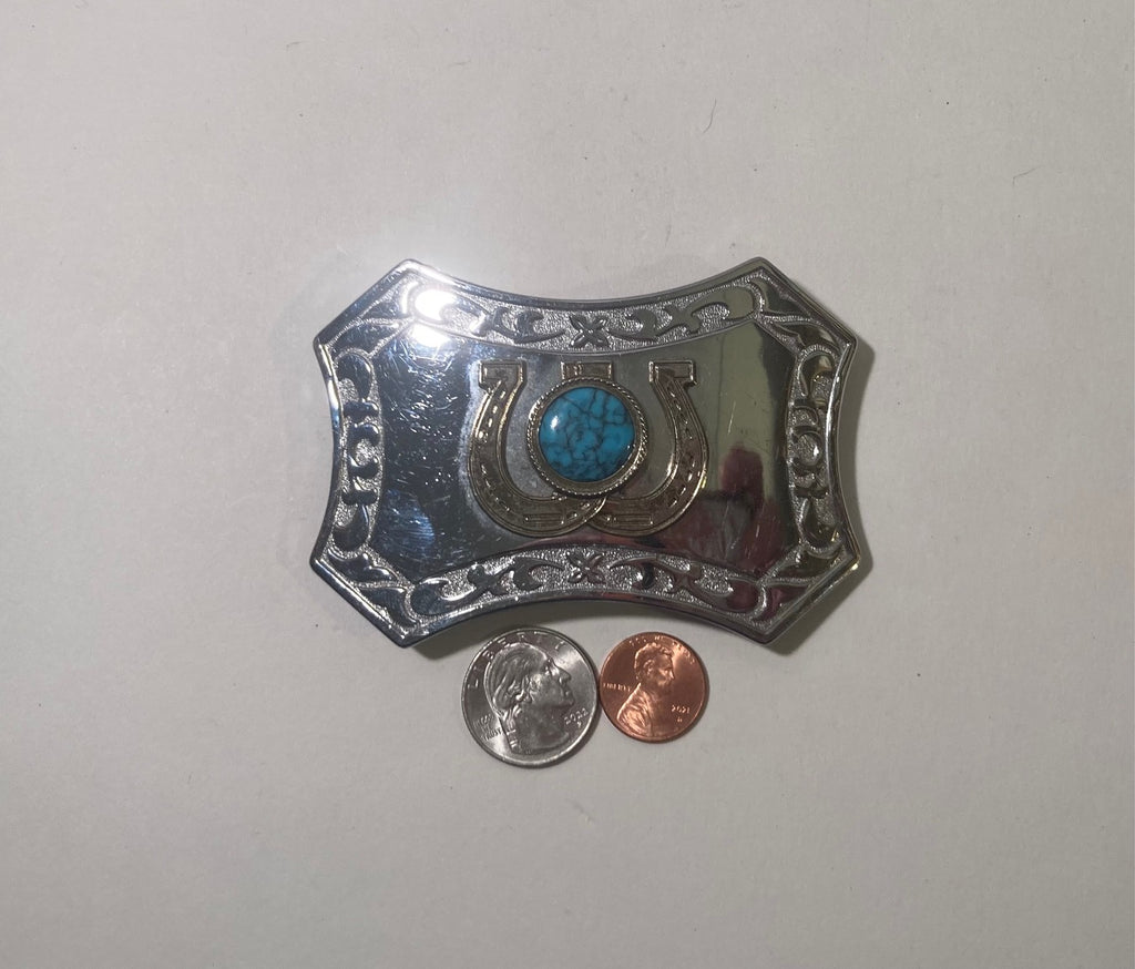 Vintage Metal Belt Buckle, Horseshoes with Turquoise Stone, Nice Western Style Design