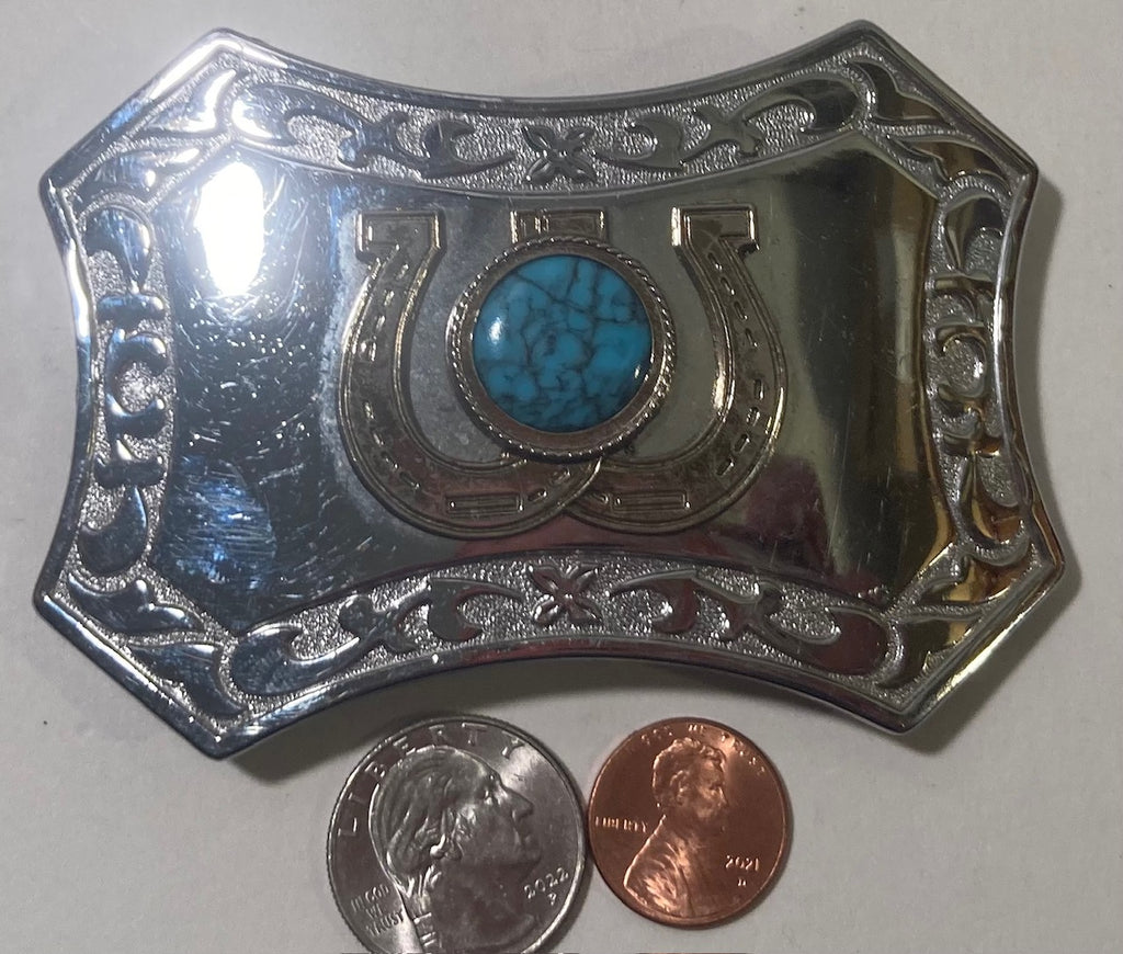 Vintage Metal Belt Buckle, Horseshoes with Turquoise Stone, Nice Western Style Design