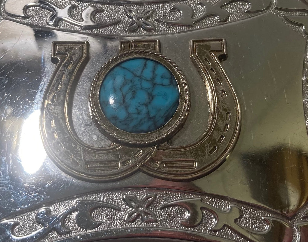 Vintage Metal Belt Buckle, Horseshoes with Turquoise Stone, Nice Western Style Design