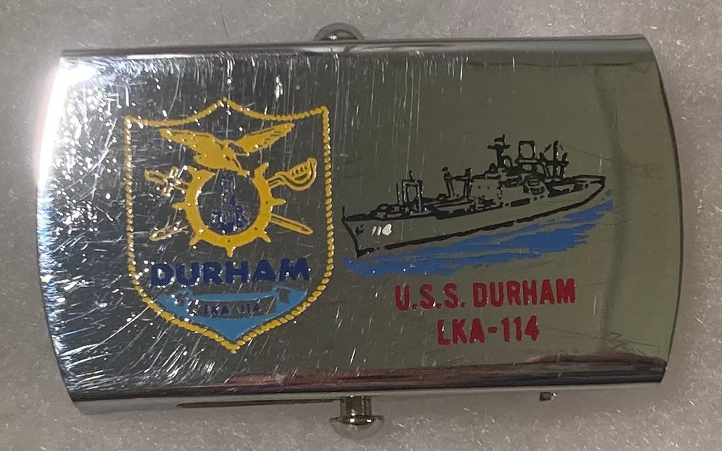 Vintage Metal Belt Buckle, U.S.S. Durham LKA-114, Amphibious Cargo Ship, Quality