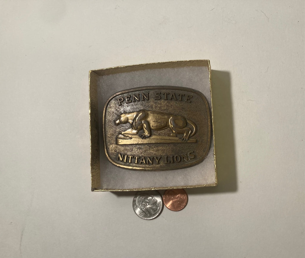 Vintage 1977 Metal Belt Buckle, Brass, Penn State, Nittany Lions, College, University, Nice Western Design