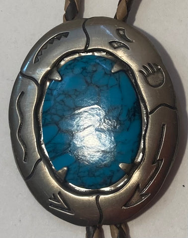 Vintage Metal Bolo Tie, Nice Big Blue Turquoise Stone Design, Bear Claw, Nice Design, 2 1/4" 2", Quality, Heavy Duty, Made in USA, Country & Western, Cowboy, Western Wear, Horse, Apparel, Accessory, Tie, Nice Quality Fashion