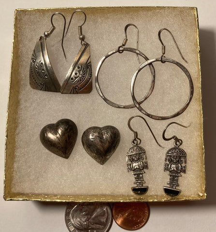 Vintage Lot of 4 Sterling Silver Earring Sets, Hearts, Hoops, More, Nice Designs, Not Sold Individually, Quality, Jewelry, 0623, Accessory, 925, Clothing, Necklace, Charm, Bracelet