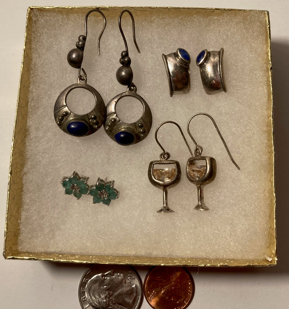 Vintage Lot of 4 Sterling Silver Earring Sets, Blue Stones, Martini Glasses, More, Nice Designs, Not Sold Individually, Quality, Jewelry, 0624, Accessory, 925, Clothing, Necklace, Charm, Bracelet