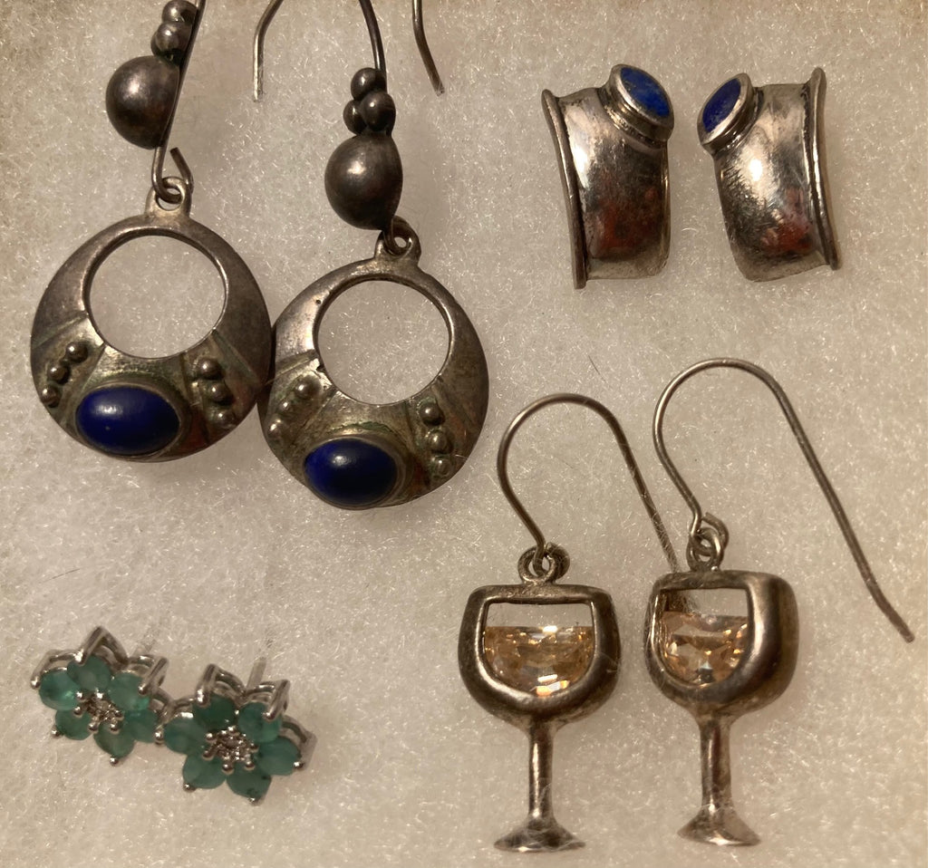 Vintage Lot of 4 Sterling Silver Earring Sets, Blue Stones, Martini Glasses, More, Nice Designs, Not Sold Individually, Quality, Jewelry, 0624, Accessory, 925, Clothing, Necklace, Charm, Bracelet