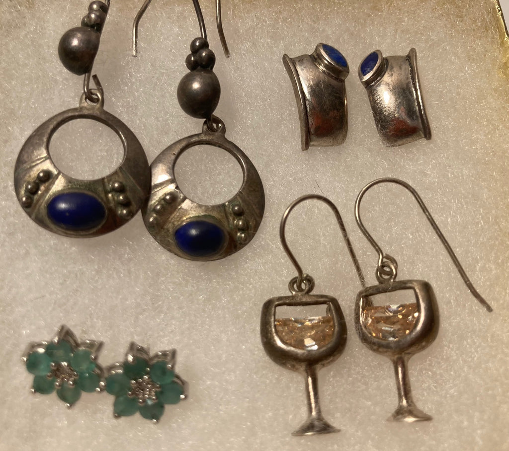 Vintage Lot of 4 Sterling Silver Earring Sets, Blue Stones, Martini Glasses, More, Nice Designs, Not Sold Individually, Quality, Jewelry, 0624, Accessory, 925, Clothing, Necklace, Charm, Bracelet