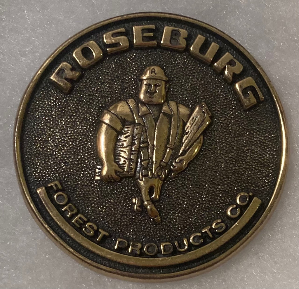 Vintage Metal Belt Buckle, Brass, Roseburg Forest Products, Round, Nice Western Design